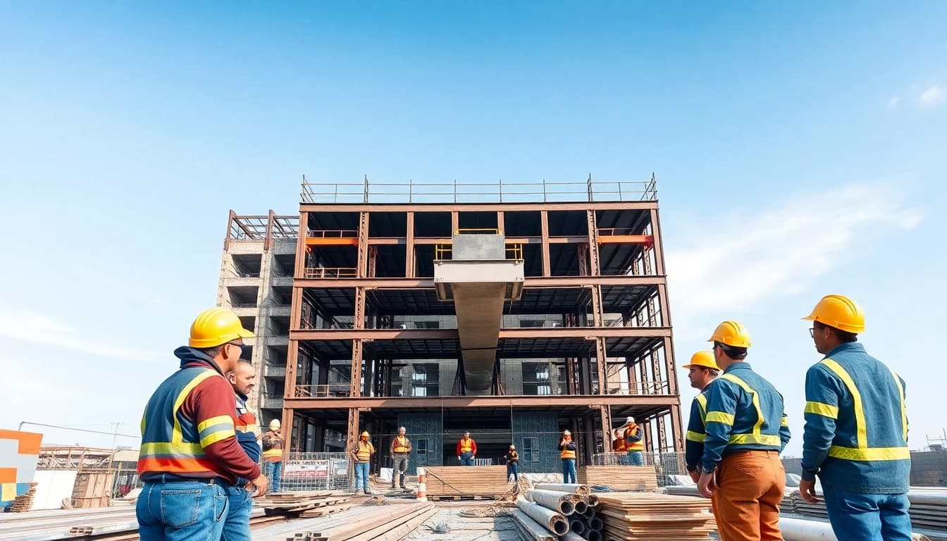 Showcasing structural steel construction with a central beam installation on a bustling construction site.