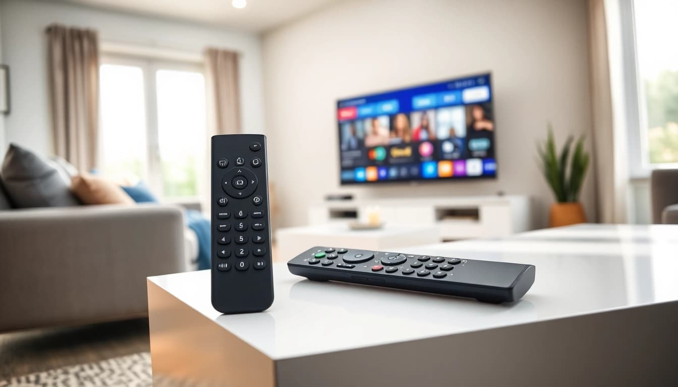 Fernbedienung Sprachsteuerung in stilvollem Wohnzimmer aktiviert spannendes Smart TV-Erlebnis.