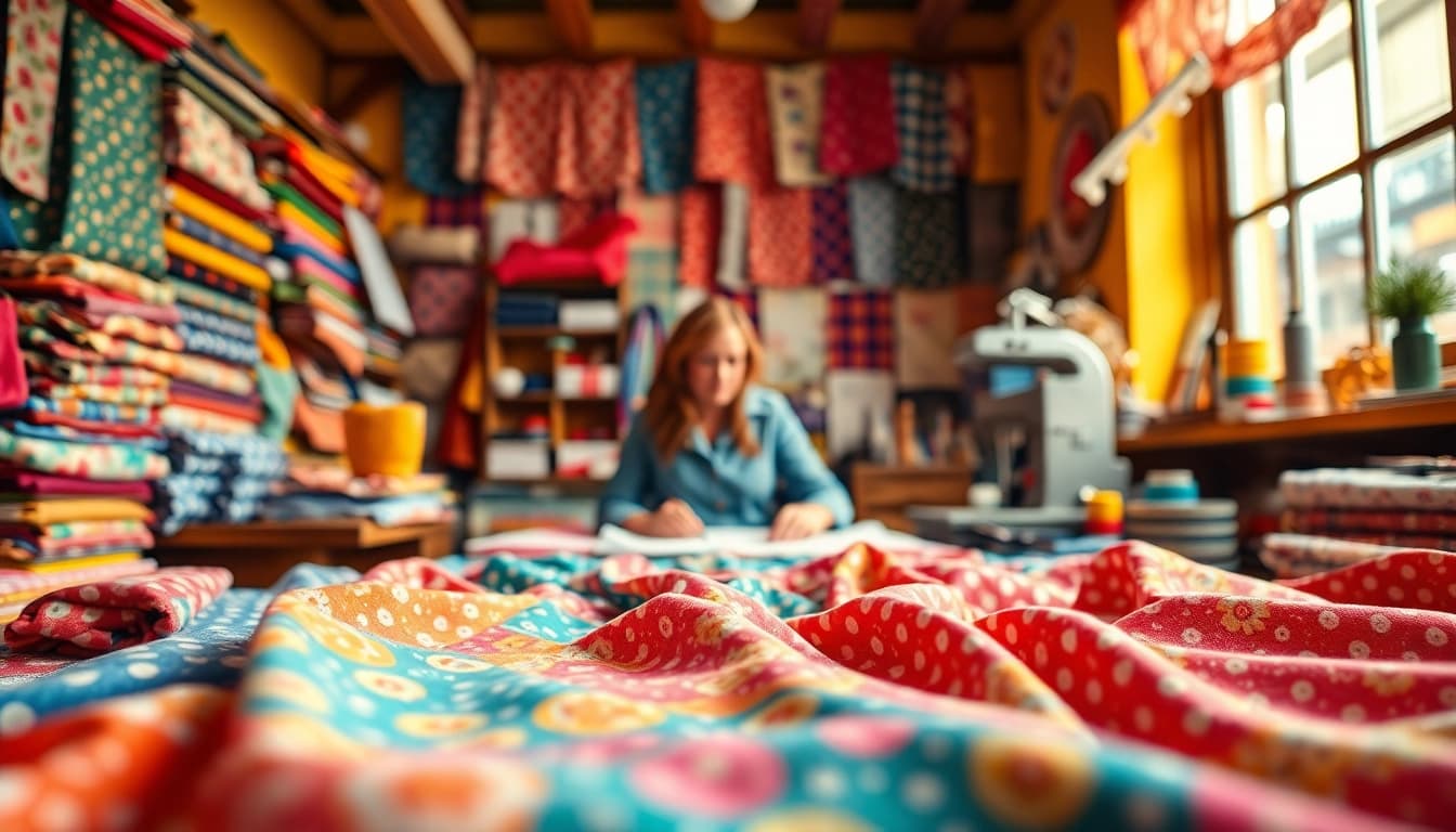 Wafelstof in diverse kleuren en patronen, met een artisan die creatief bezig is.