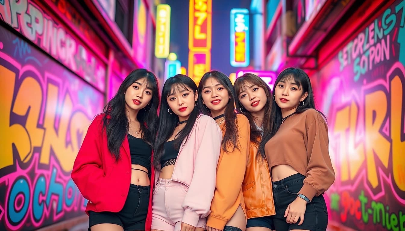 Showcasing the blackpink members, Jisoo, Jennie, Rosé, and Lisa, in a vibrant urban setting.