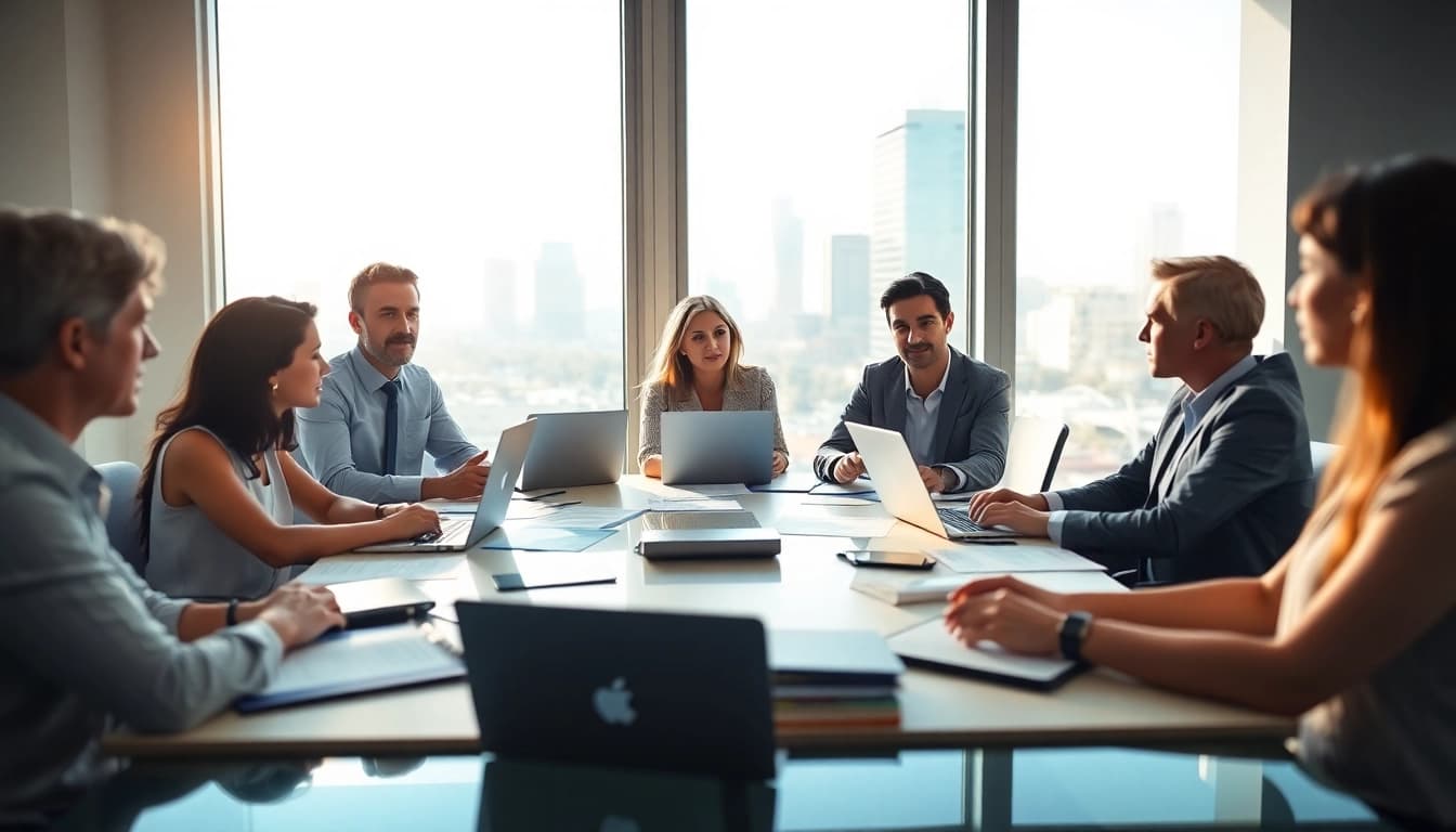 Team collaboration discussing extended warranty solutions in a modern office setting.