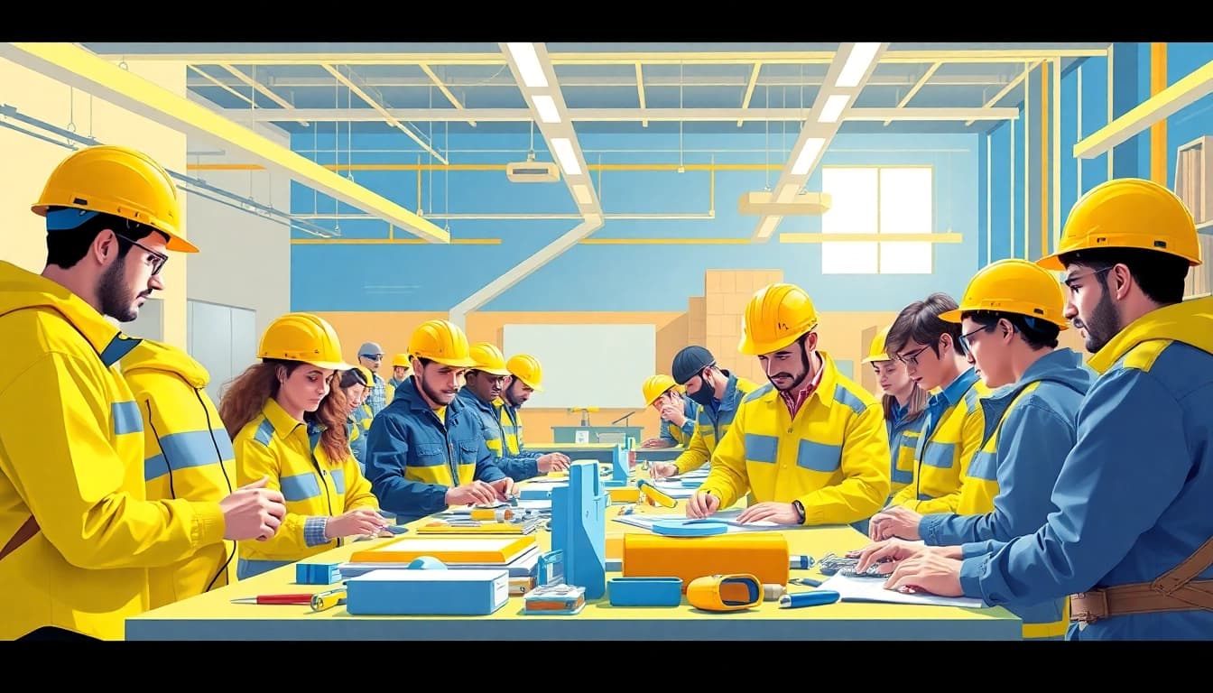 Engaging construction training programs with diverse participants collaborating in a vibrant training facility.
