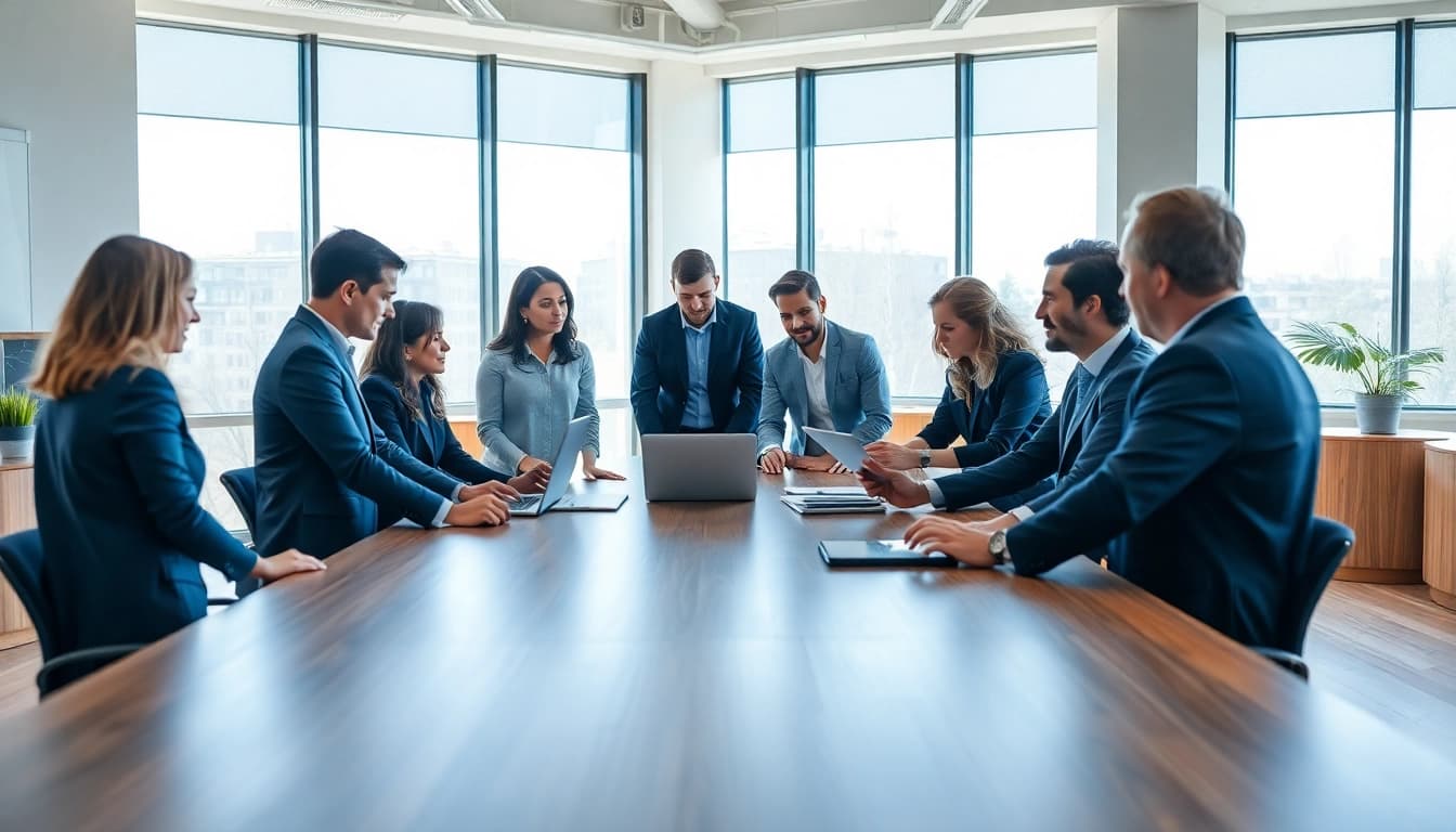 Highlight sales collaboration among top websites to find salespeople in a bright office environment.