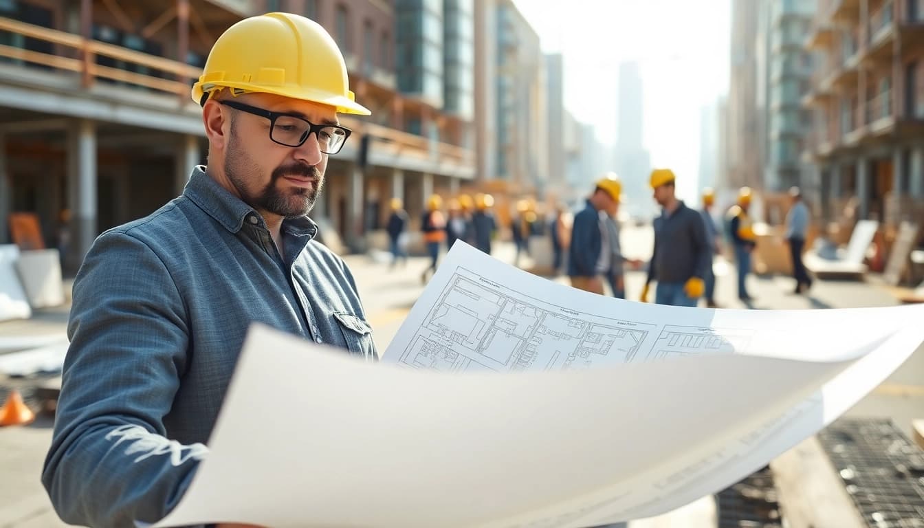Manhattan Construction Manager reviewing plans at a busy construction site for project success.