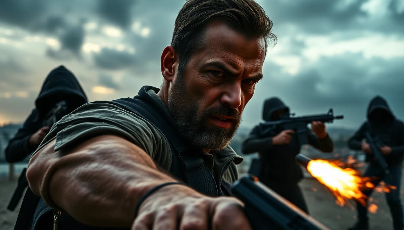 Bayside Boom features an action-packed scene with an ex-Special Forces hero confronting danger in an urban setting.
