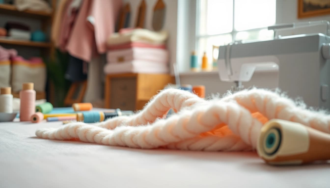 Fleece stof op een naaitafel met kleurrijke garen en gereedschappen eromheen.