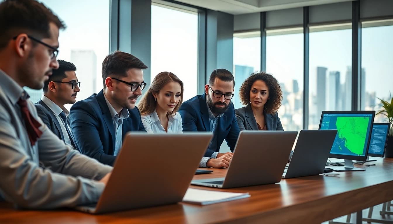Team analyzing Competitive intelligence data in a modern office setting.