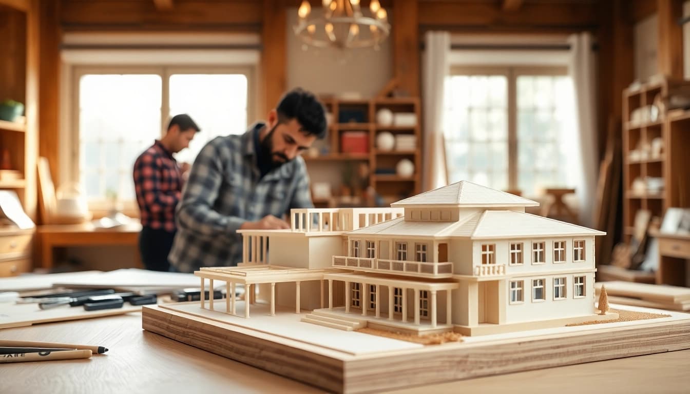 Architekturmodellbau Bonn: Handwerkliches Arbeiten an einem detailreichen Architekturmodell in einem eleganten Atelier.