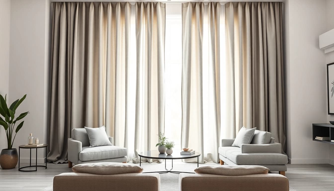 Verduisterende gordijnen in een moderne woonkamer die natuurlijk licht filteren.