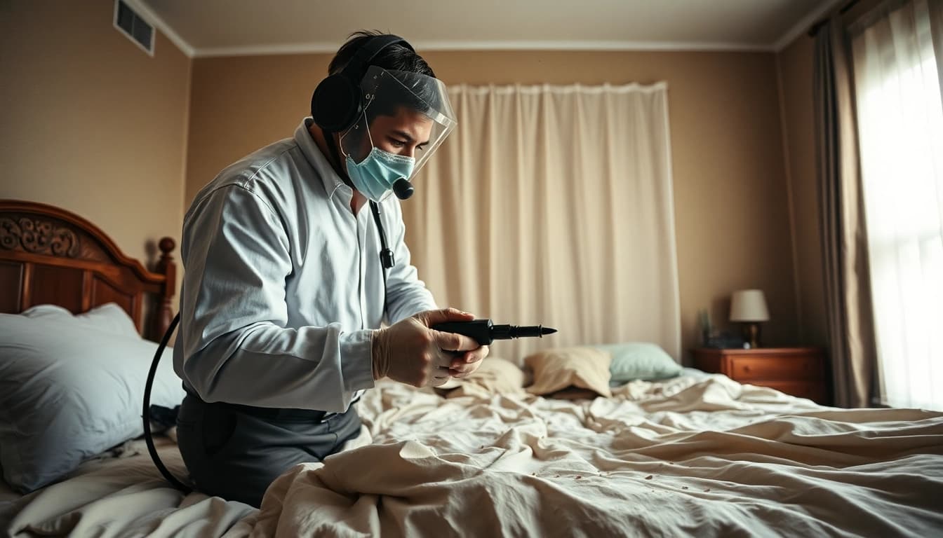 Assessing bed bug exterminator cost while inspecting an infested bedroom by a trained professional.