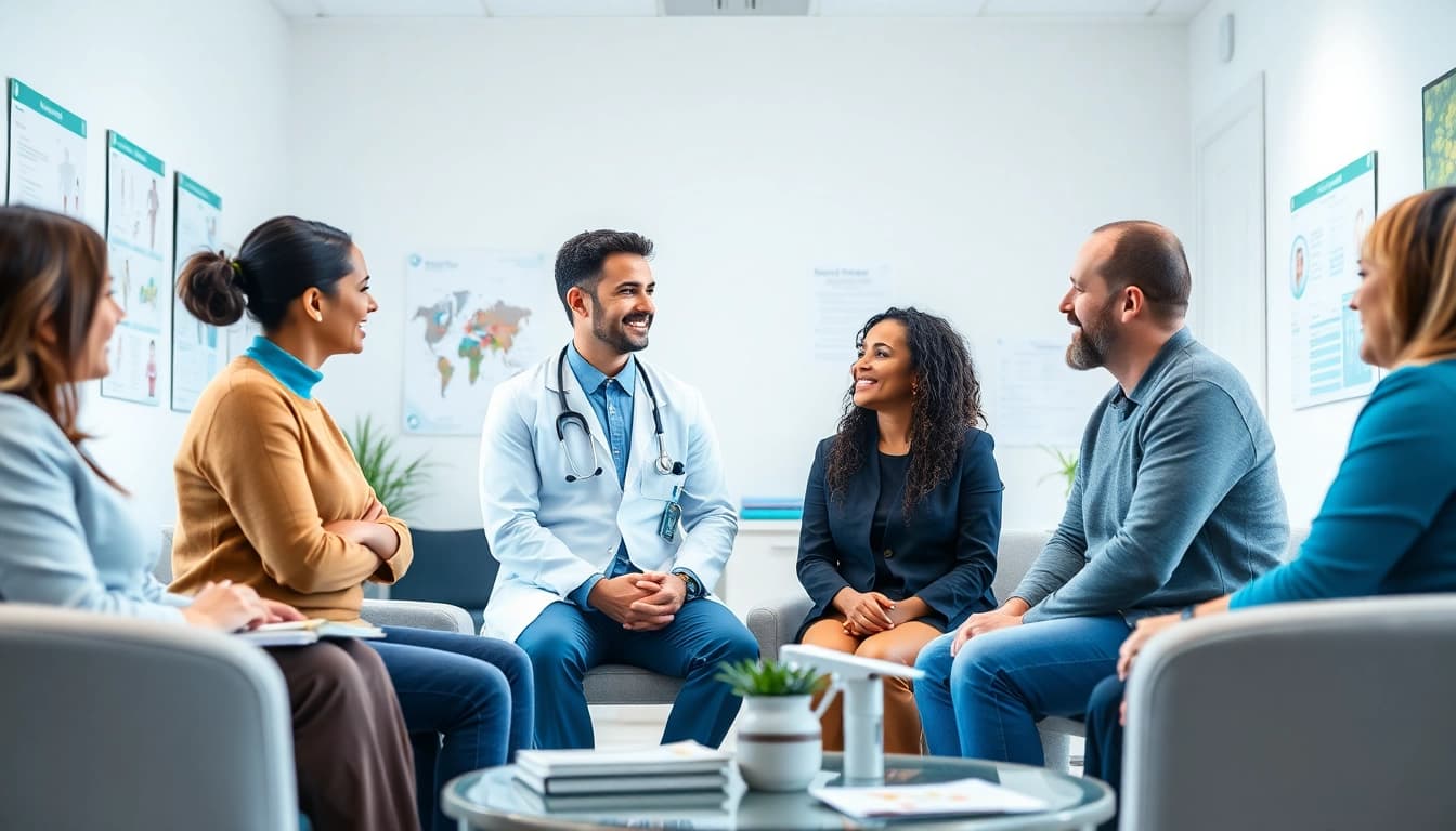 Engaging healthcare provider discussing Health topics with diverse patients in a professional setting.