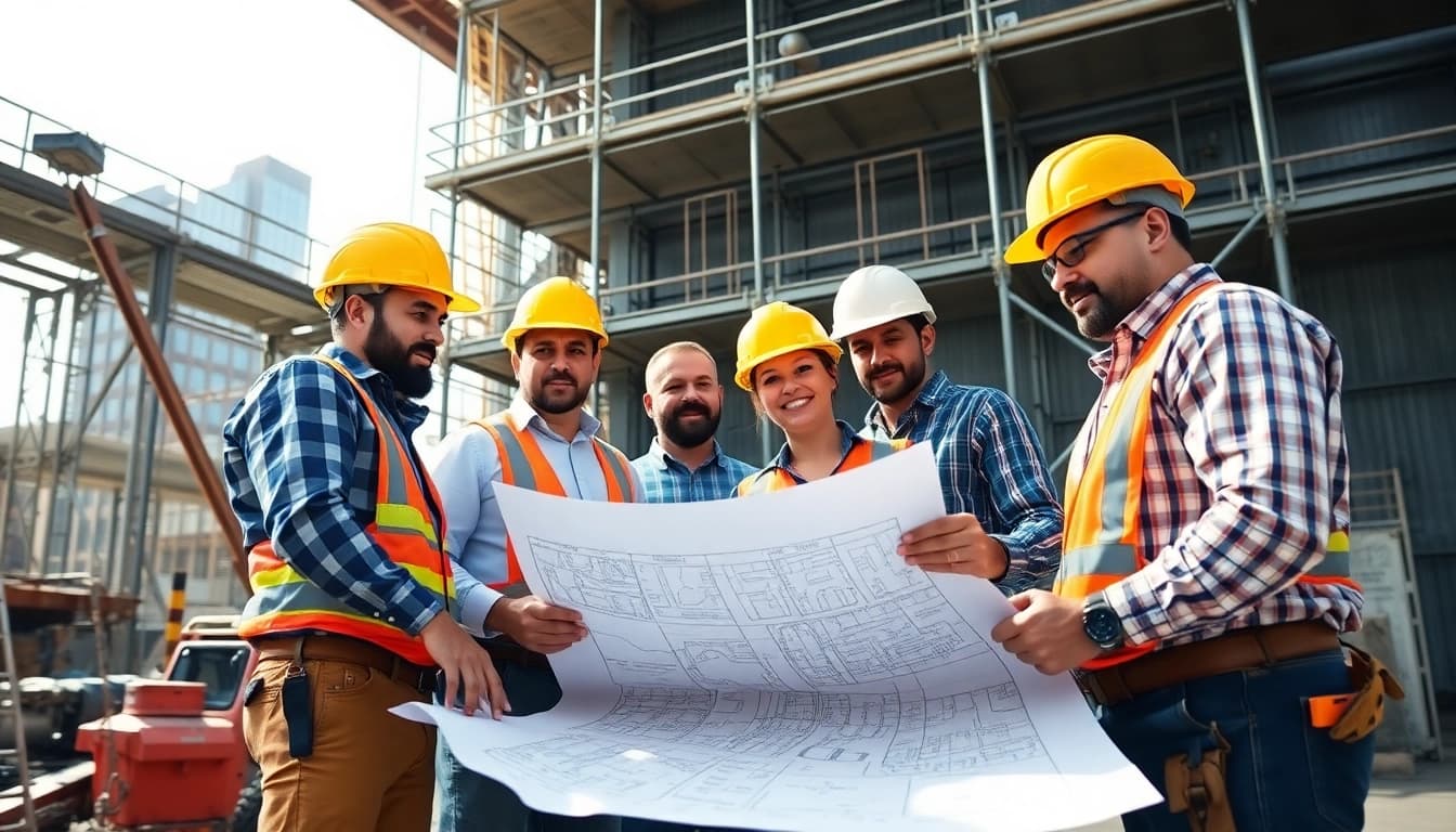 Manhattan General Contractor team collaborating on construction plans at a site.