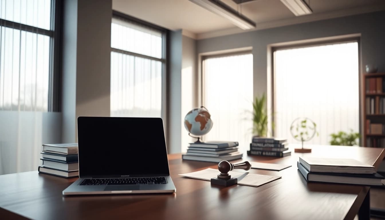 Tłumacz przysięgły workspace with legal documents and translation tools