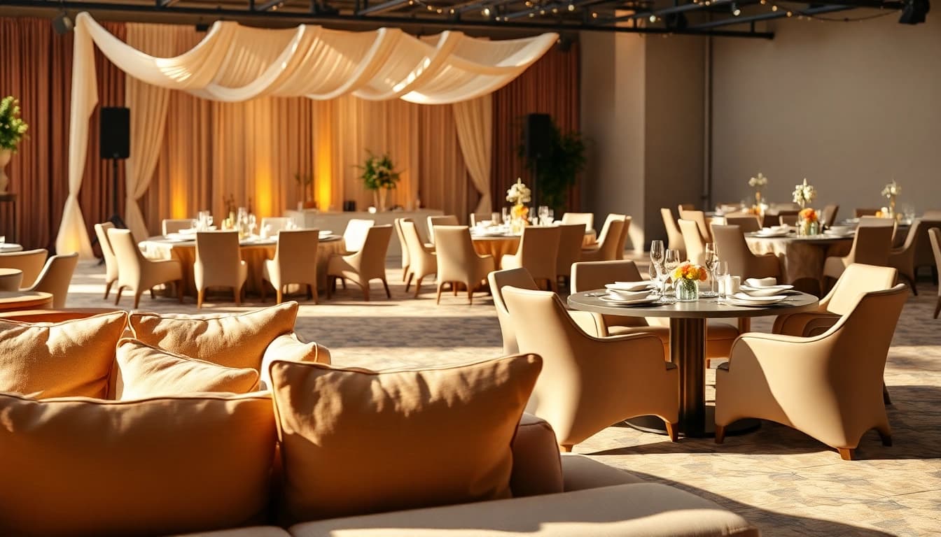 Showcasing Event Furniture Rentals tailored for elegant events with stylish tables and chairs.