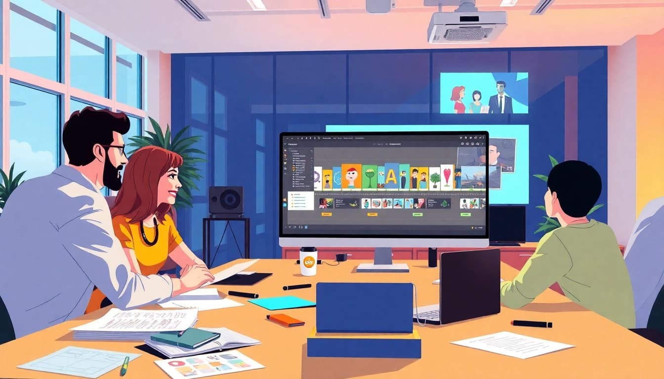 Animation Erstellen: Team collaborating on animated video projects in a vibrant office.