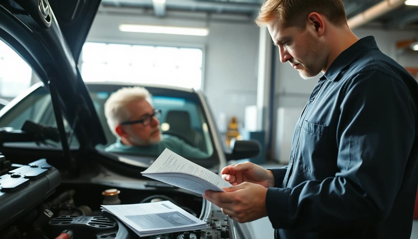 Inspecting the best extended auto warranty for older vehicles during a professional garage check.