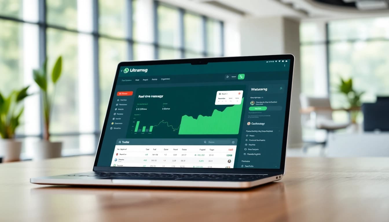 Ultramsg dashboard displaying messaging data on a modern office laptop