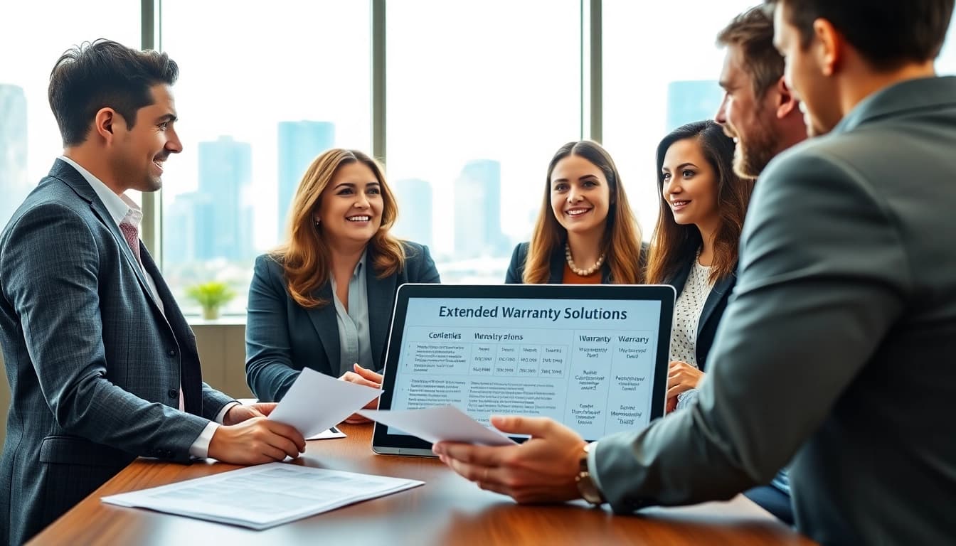 Engaging discussion on extended warranty solutions in a modern office environment.