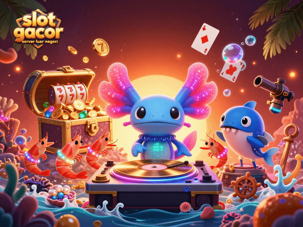Engage with slot gacor server luar negeri through an underwater DJ party illustration featuring animated aquatic characters.