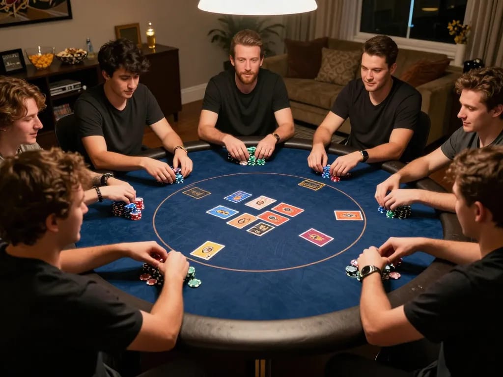 The hidden wiki dark web gaming scene with friends enjoying a lively poker night, Texas Hold'em action.