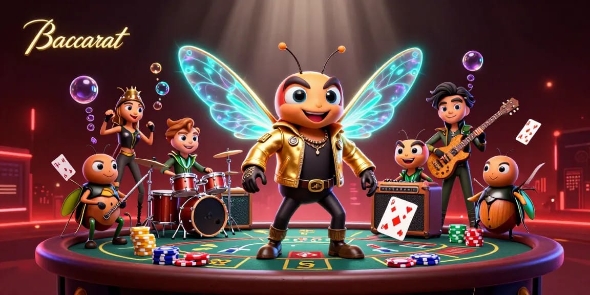 Baccarat game scene with a cartoon cicada rock star character, vibrant casino elements, and captivating visual effects