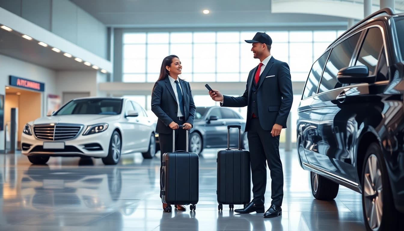 Experience seamless Private Airport Transfers with a professional chauffeur at an airport terminal.