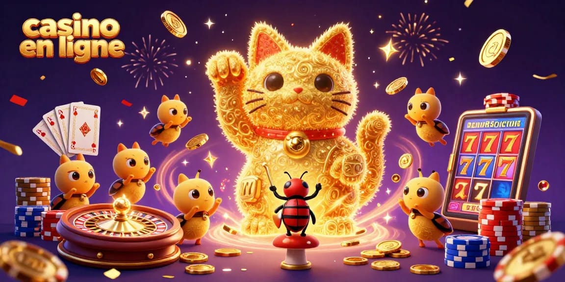Visualisez l'univers captivant du casino en ligne avec un chat chanceux animé entouré d'éléments de jeux et de célébration.