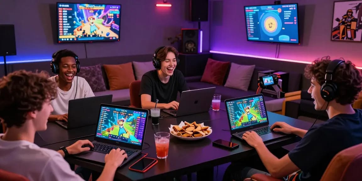 Players enjoying HTML porn games in a vibrant gaming lounge with multiple devices, snacks, and excitement.