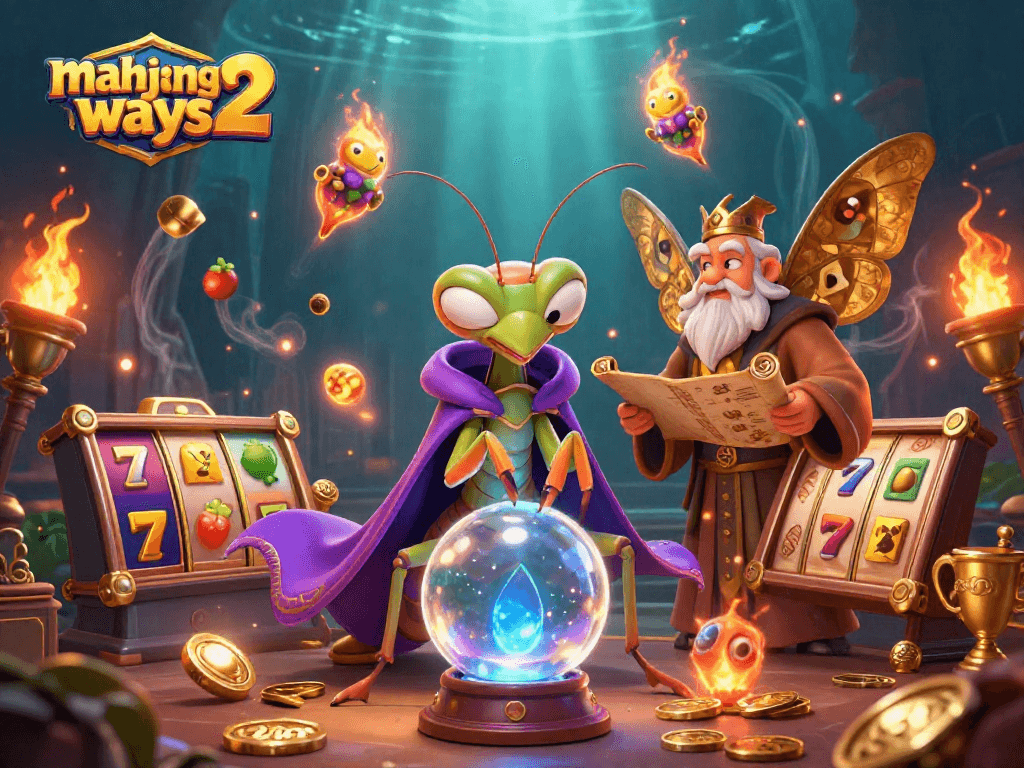 Engage in mahjong ways 2 with a captivating illustration featuring fortune teller characters and slot elements.