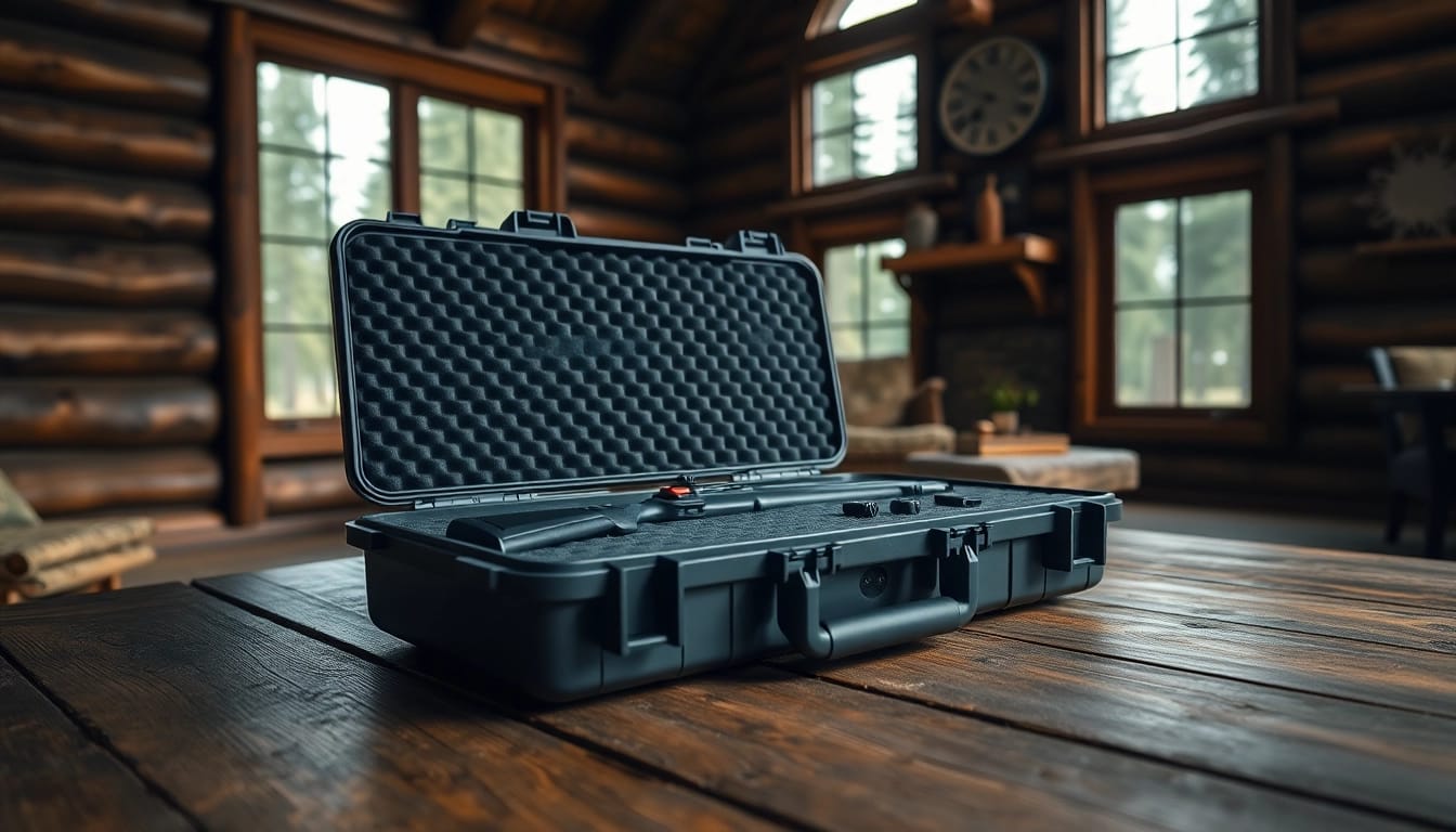Examine a pelican rifle case showcasing organized accessories for secure transportation.