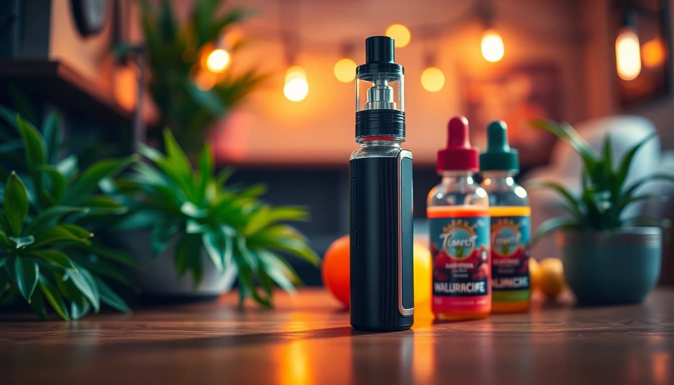 Vape recargable device showcased with colorful e-liquids in a relaxed setting.