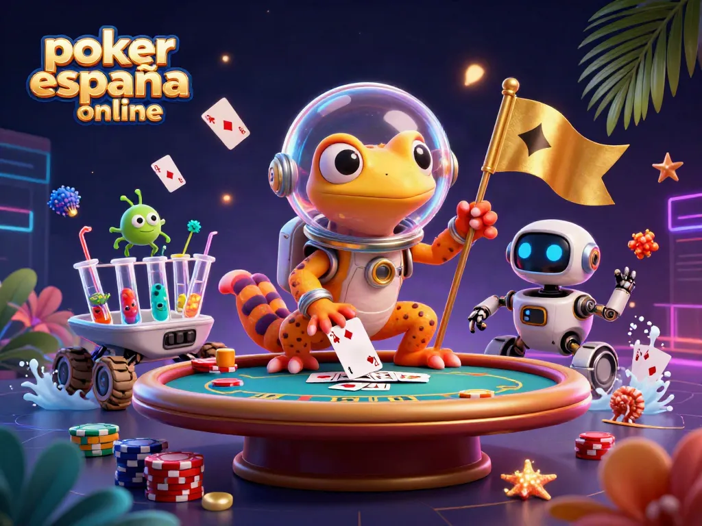 Juega póker España online mientras exploras una sala de póker dorada con un gecko marciano y un robot.