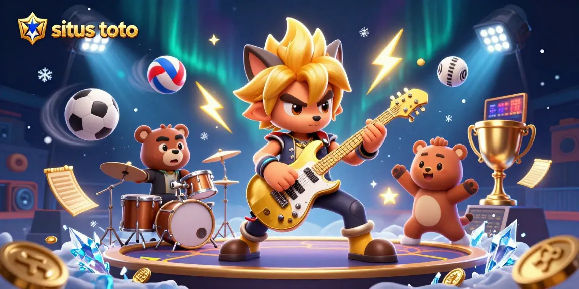 Situs toto showcases electrifying action with a cartoon wolf rock star and thrilling casino elements.
