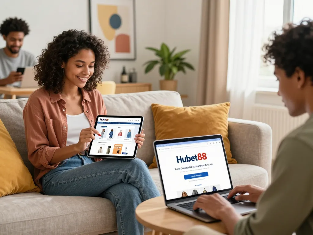 Engaging online shopping scene with individuals exploring Hubet88.com on devices, highlighting convenience and style.