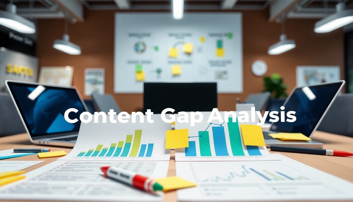 Visual representation of Content Gap Analysis showcasing data insights and strategies in a modern office setting.