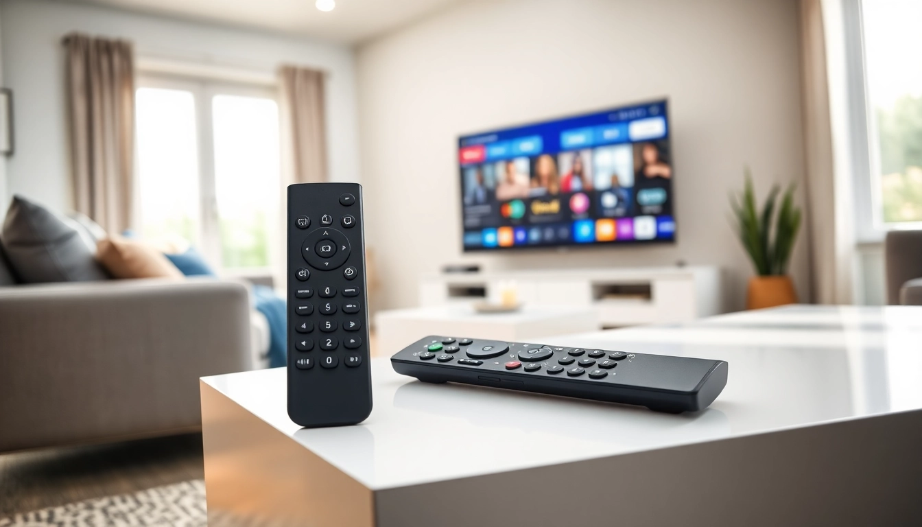 Fernbedienung Sprachsteuerung in stilvollem Wohnzimmer aktiviert spannendes Smart TV-Erlebnis.