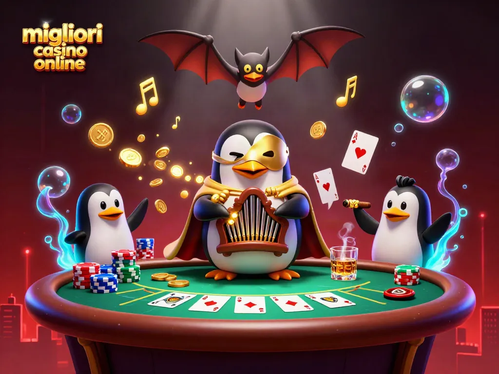 Scopri i migliori casino online mentre il pinguino fantasma gioca con monete d'oro in un'illustrazione 3D.