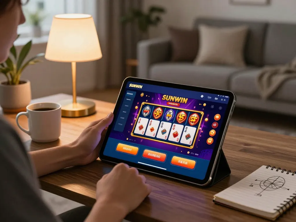 SUNWIN mobile gaming excitement with a user engaged in online gameplay during a cozy evening.