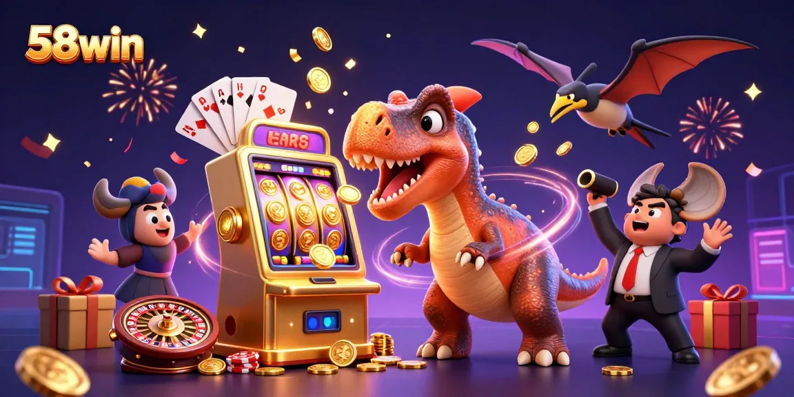 Engage with 58win as a pachycephalosaurus activates a golden slot machine amidst coins and excitement!