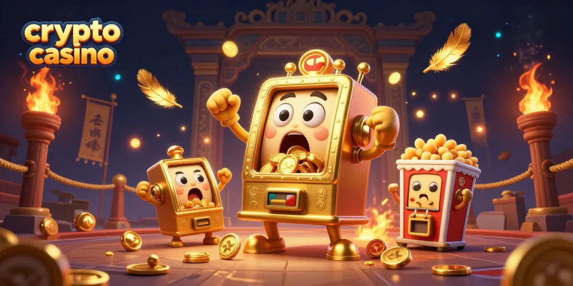 Gioca nei crypto casino con una slot machine d'oro che vince un jackpot, circondata da festeggiamenti e oro.