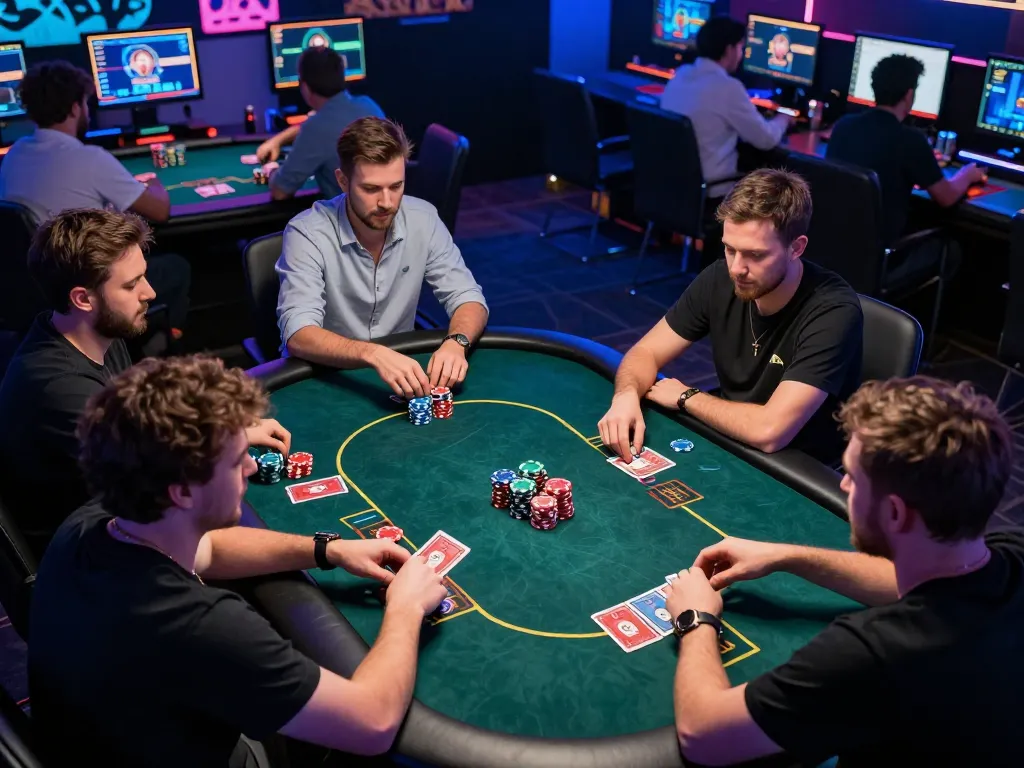 Pemain yang terlibat mengalami permainan poker idnplay secara online dengan kartu animasi dan chip virtual yang cerah di layar mereka.