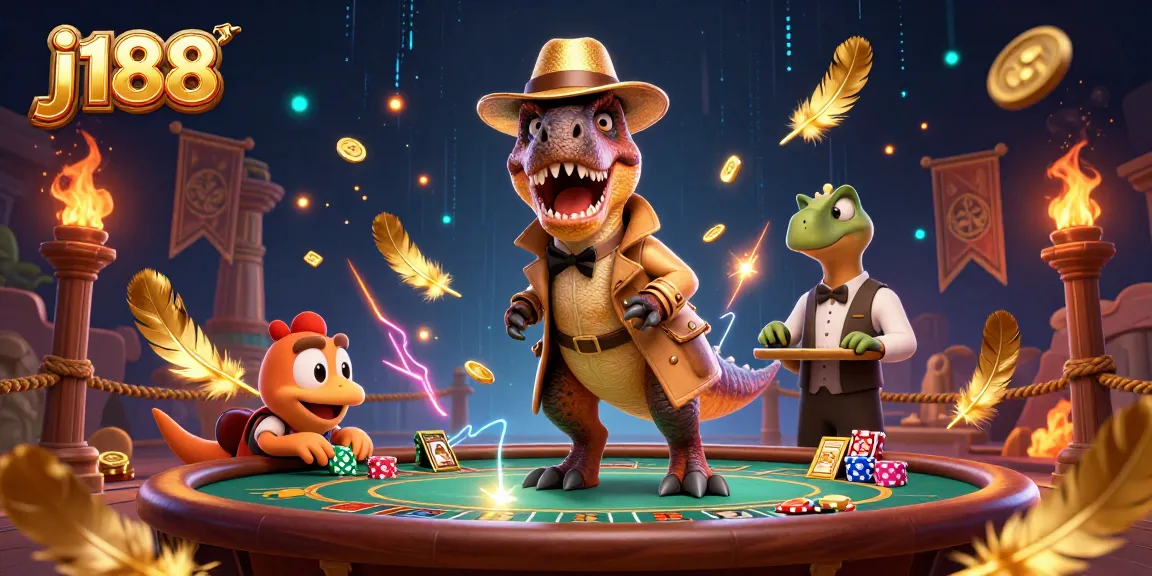 Engage with j188's thrilling blackjack table scene featuring playful dinosaur characters.