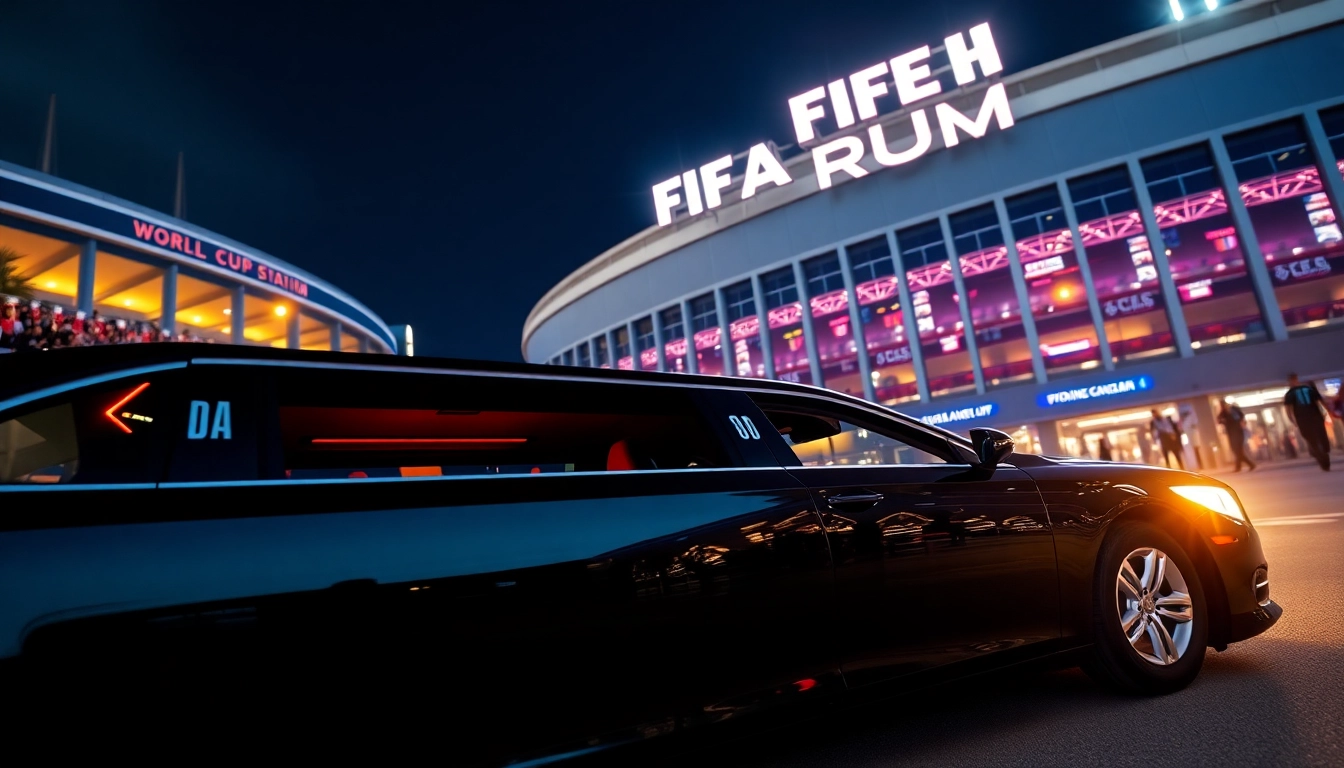 World Cup Group Transportation in a luxury limousine outside a stadium in Los Angeles, capturing excitement and elegance.