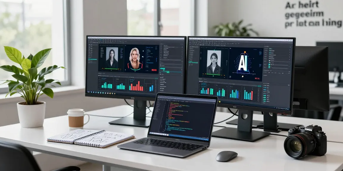 Detect AI image analysis in a modern tech workspace with dual monitors and a data scientist at work.
