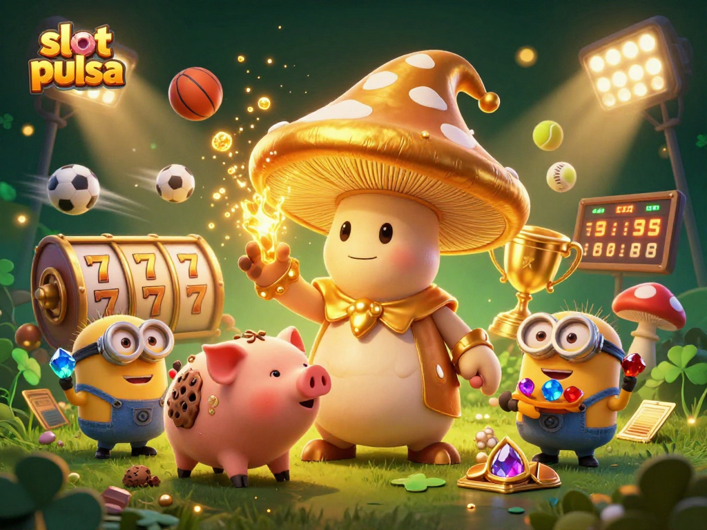 Slot pulsa menampilkan penyihir jamur emas dengan babi truffle, menciptakan suasana permainan yang berkilau.