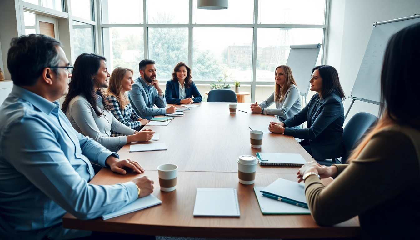 Mediation session with diverse participants discussing effectively around a conference table.