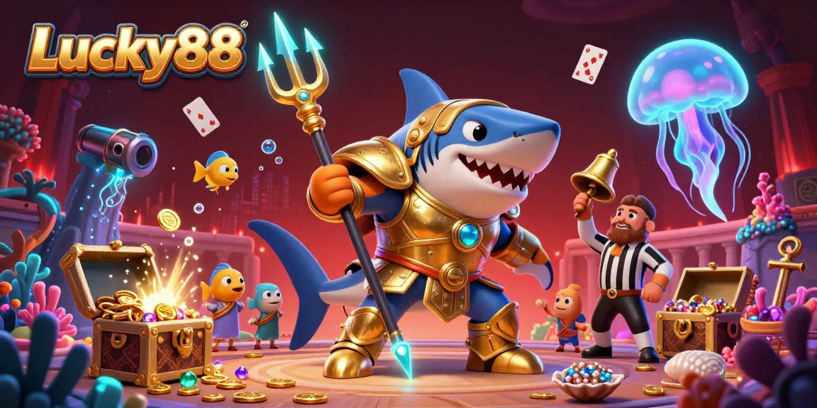 Engage with thrilling underwater adventures at Lucky88, featuring vibrant casino elements and a lively scene of action.