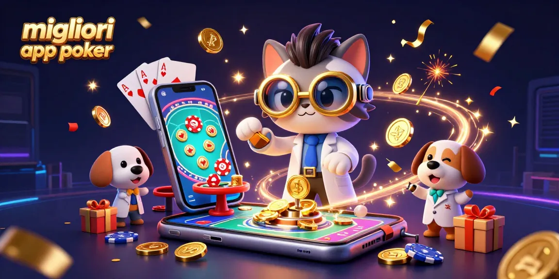 Migliori app poker: vivaci personaggi partecipano a un'app di poker con colorate fiches da gioco e carte.
