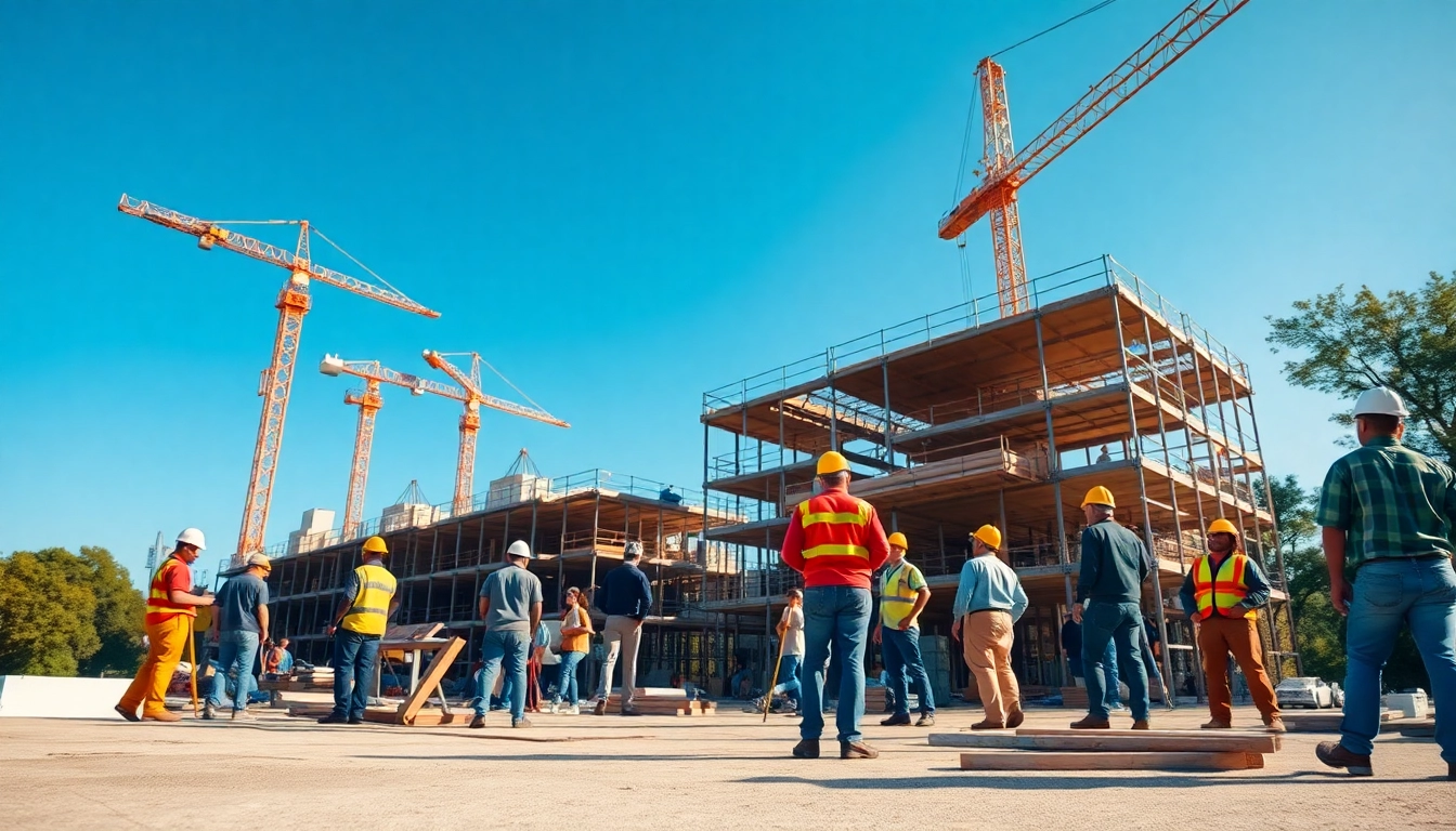 Team collaborating on Austin construction, showcasing diverse workers and active building site.