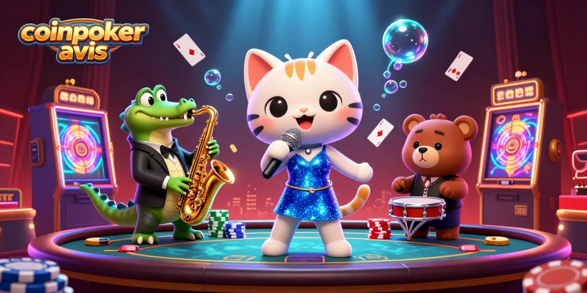 Vivez l'expérience CoinPoker Avis avec un chat chanteur et un crocodile jazzy, entourés de jeux de poker.